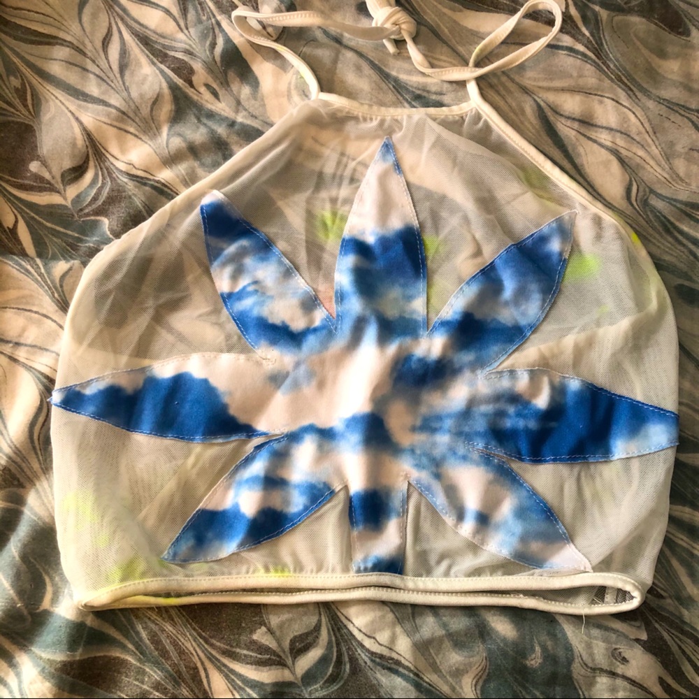 Mesh tie dye halter with leaf appliqué